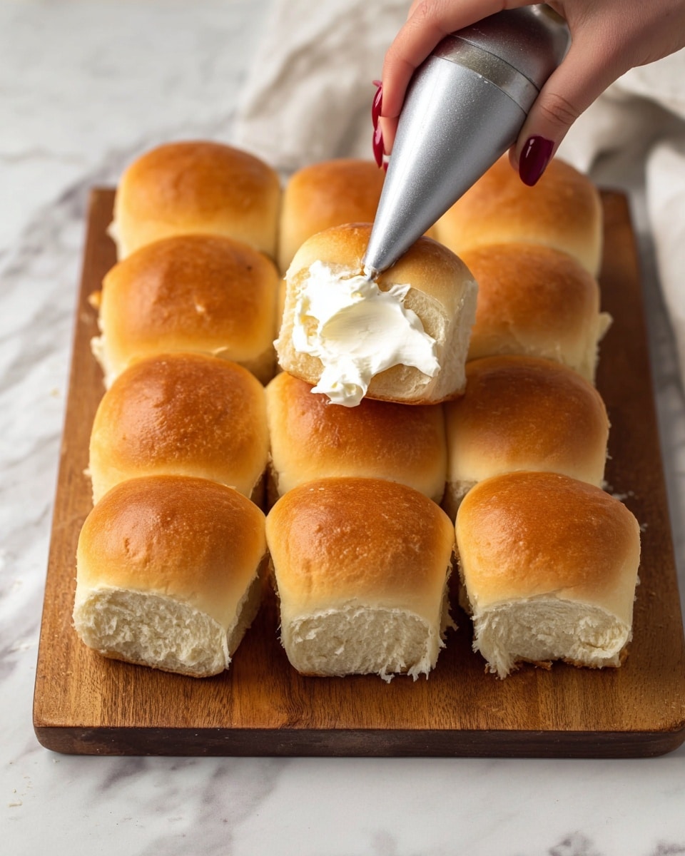 A woman's hand with red painted nails holds a soft golden-brown slider bun with a slightly wrinkled top while a piping bag filled with white cream is inserted into the center of the bun, injecting filling inside. Below, there are nine more slider buns arranged on a wooden board with a natural grain and warm brown tone, some buns with visible texture on top and one bun partially eaten. The setting is on a white marbled surface, adding a clean and fresh feel to the scene. photo taken with an iphone --ar 4:5 --v 7