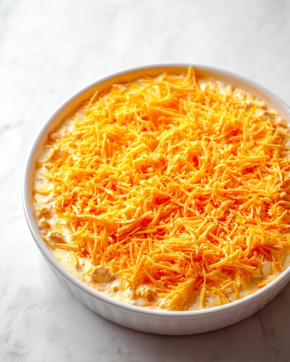A round white ceramic dish filled with a thick bottom layer of creamy, pale orange mixture with chunks visible inside, topped generously with a layer of bright orange shredded cheese that is spread evenly over the surface. The dish sits on a white marbled surface with soft natural light making the cheese look fresh and vibrant. photo taken with an iphone --ar 4:5 --v 7