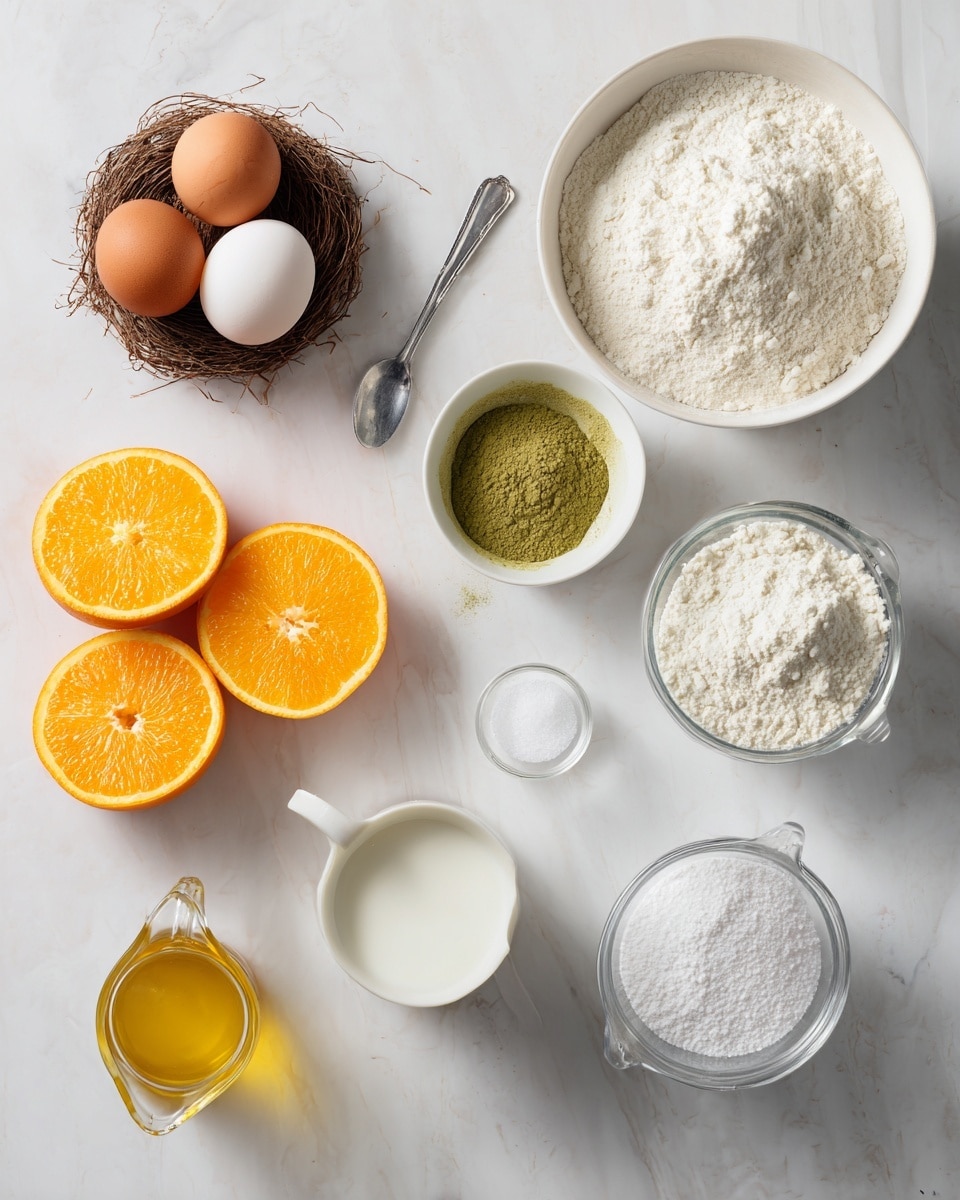 The image shows a flat lay of baking ingredients arranged neatly on a white marbled surface. At the top left, there is a small nest holding two brown eggs and one white egg. Below the nest, three bright orange slices and a whole orange lie side by side. A small white bowl with green powder sits in the center, next to a metal spoon with the same green powder. To the right, a large white bowl filled with white flour is visible. Below the flour bowl, there is a clear glass bowl with granulated white sugar. Next to the sugar, a clear measuring jug holds more white flour. At the bottom left corner, a small clear pitcher contains golden oil, and next to it is a small glass cup filled with white milk. The ingredients are spaced out, showing their colors and textures clearly. photo taken with an iphone --ar 4:5 --v 7