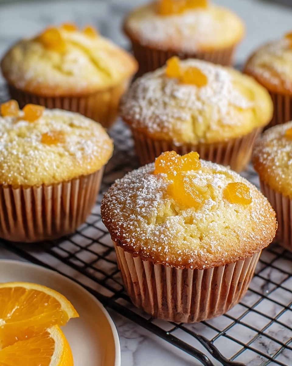 The image shows several golden yellow muffins with a soft, rough texture resting on a black wire cooling rack over a white plate. Each muffin is topped with small pieces of bright orange fruit and dusted lightly with white powdered sugar, giving a delicate, slightly snowy look. The muffins have brown ridged paper liners wrapping their base, and the background surface is a white marbled texture. In the lower left corner, there are two slices of a bright orange fruit placed on the white marbled surface. photo taken with an iphone --ar 4:5 --v 7