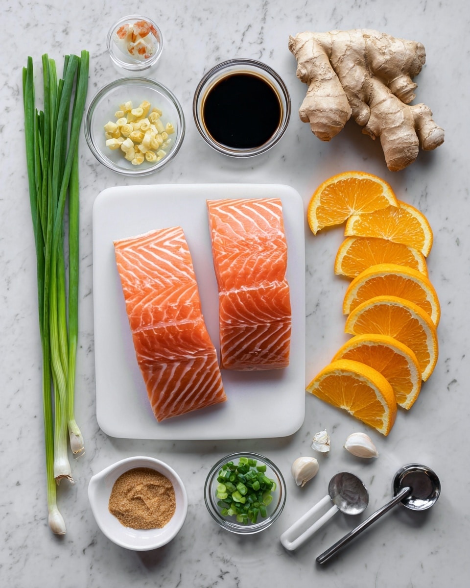 Two raw salmon fillets with a pinkish-orange color and white chevron patterns lie in the center on a white rectangular board. To the right, there are six bright orange slices arranged in a curved line, one slightly tilted. On the left, a few fresh green onions are positioned vertically near the top. Below them, there are five garlic cloves scattered beside a piece of ginger root that has a light brown rough texture and a fresh cut side showing a yellow center. In small white and clear bowls around the salmon, there are dark soy sauce, chopped green onions, brown sugar, grated orange peel, and minced garlic. Two metal measuring spoons are placed near the bottom. All items are on a white marbled surface. Photo taken with an iphone --ar 4:5 --v 7