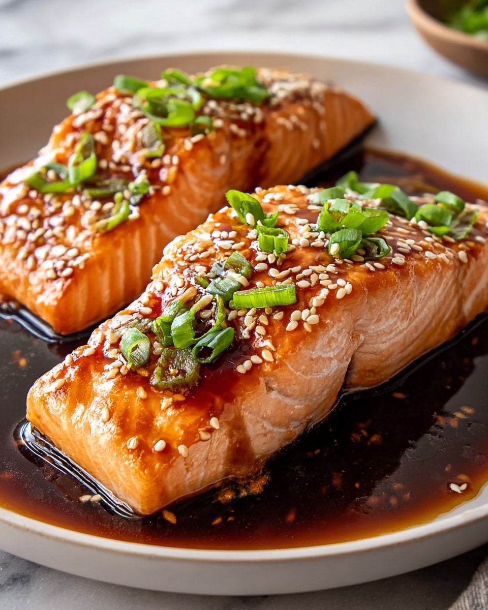 Two pieces of cooked salmon fillets with a shiny, dark brown sauce covering the surface. Each fillet is light pink with visible layers of tender fish texture. The salmon is topped with small white sesame seeds and chopped green onions, adding a pop of green on top. The fillets rest in a pool of thick sauce on a round white plate placed on a white marbled surface. The photo taken with an iphone --ar 4:5 --v 7