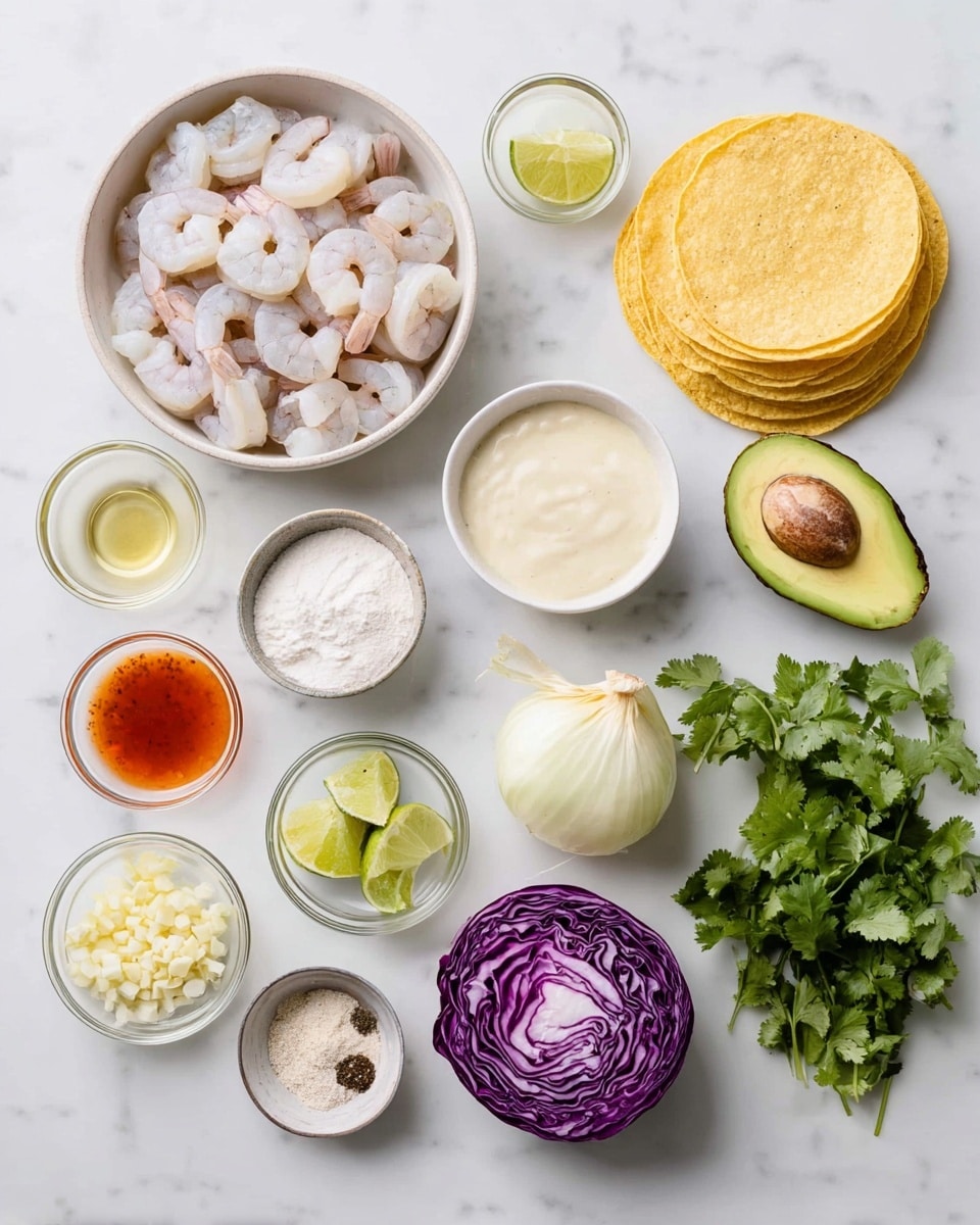 A top view of several small white bowls and loose ingredients arranged neatly on a white marbled surface, including a large white bowl with pale raw shrimp that have a smooth texture and curled shape, a smaller white bowl filled with a creamy off-white sauce, a white bowl with white powder, and a shallow white bowl holding three lime wedges. There is a cluster of fresh bright green cilantro leaves on the right next to a halved avocado showing its light green flesh and brown seed. A pile of yellow corn tortillas is stacked two layers thick on the right side. A whole pale yellow onion and half a shiny deep purple cabbage with tight leaves sit near the bowls. Additional small clear bowls hold minced pale yellow garlic, a reddish-orange liquid sauce, a light yellow oil, white salt, black pepper mixed with salt, and a pale beige powder. Everything is laid out clearly and evenly spaced. Photo taken with an iphone --ar 4:5 --v 7