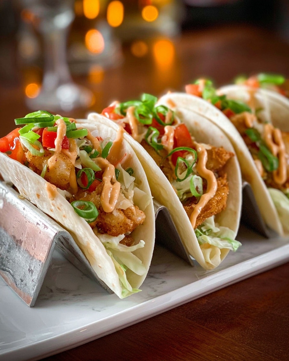 The image shows four soft white tortillas in a white tray, each filled with multiple layers. The bottom layer is light green shredded lettuce, followed by small pieces of golden brown crispy fried chicken. On top, there are diced red tomatoes and chopped green onions scattered around. The tacos are drizzled with a pinkish-orange creamy sauce, adding a smooth texture. The background has a blurred glass and a white marbled surface. A bottle of sauce is placed nearby. Photo taken with an iphone --ar 4:5 --v 7