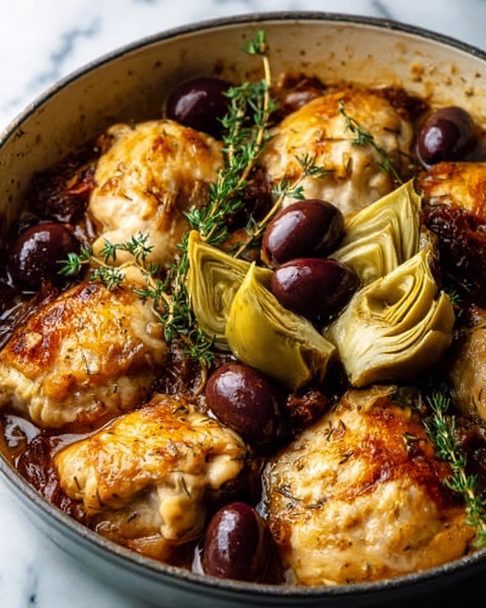 The image shows a close-up of a white pan filled with cooked food, featuring several pieces of golden brown chicken with a slightly crispy skin layered with a few dark purple and green olives. In the center, there are light green artichoke halves with visible leaves. The dish is topped with small sprigs of fresh thyme and is sitting on a white marbled surface. The texture of the chicken looks tender and juicy, while the olives appear smooth and glossy, and the artichokes have a soft and tender look. Photo taken with an iphone --ar 4:5 --v 7