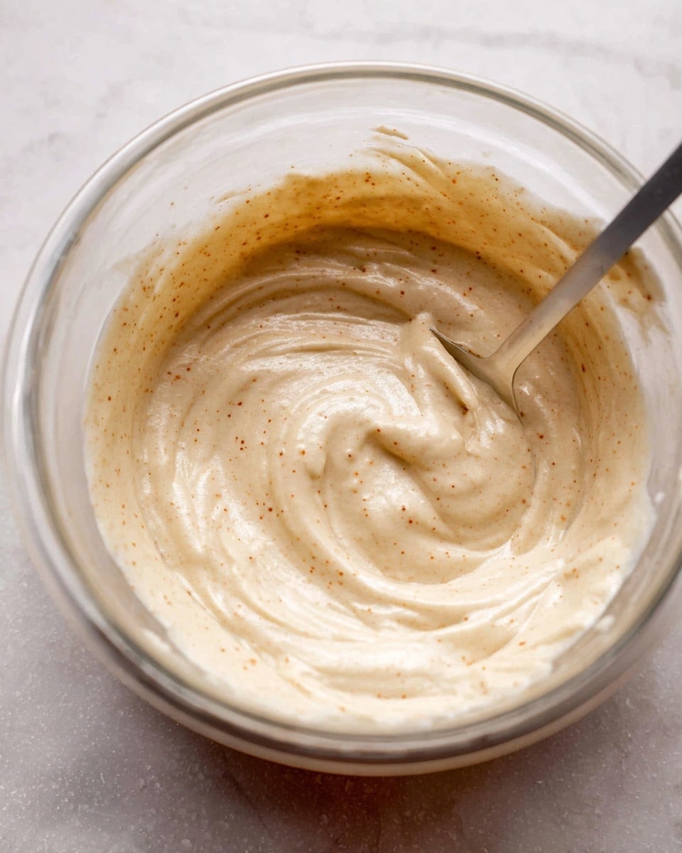 A close-up view of a clear glass bowl containing a creamy, light beige mixture with tiny brown specks mixed throughout. The texture looks smooth and thick, with soft swirls and folds indicating it was just stirred with a metal spoon that rests inside the bowl. The bowl is placed on a white marbled surface, and the focus is on the mixture inside, showing depth and softness in the creamy texture. photo taken with an iphone --ar 4:5 --v 7