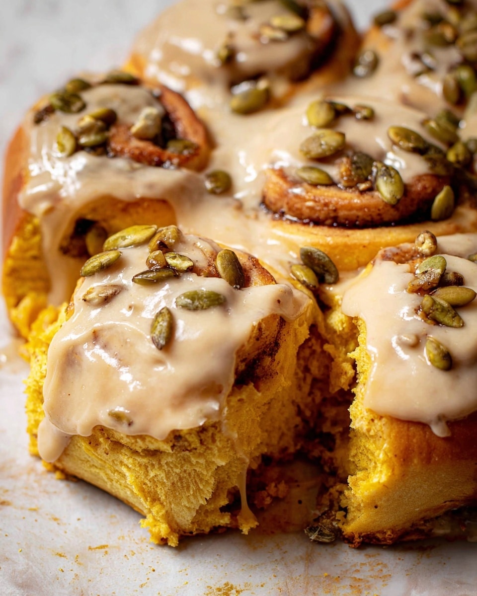 The image shows a close-up of soft cinnamon rolls arranged in a circle on a white marbled surface. Each roll has a thick layer of creamy, light tan icing spread unevenly over the top, with some dripping down the sides. The rolls are golden yellow with hints of light brown where they baked. On top of the icing, there are toasted greenish-brown pumpkin seeds scattered, adding texture and color contrast. One roll is pulled slightly away from the circle, displaying its fluffy layers inside. The photo taken with an iphone --ar 4:5 --v 7