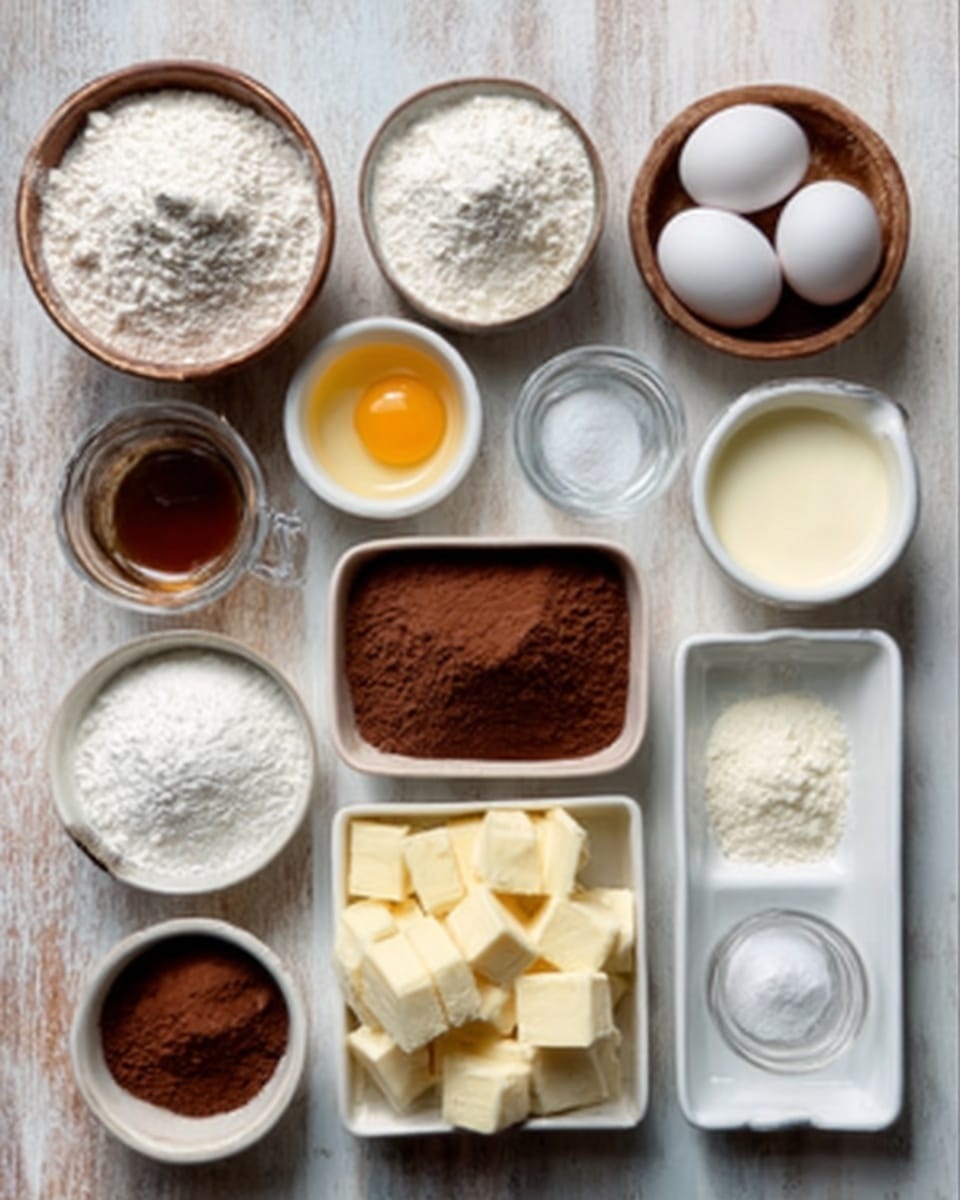 The image shows a wooden table with twelve small white bowls and one white rectangular dish arranged neatly. From top left to right, there is a bowl of white flour, a bowl with three white eggs, a small bowl with a yellow egg yolk, a bowl with white sugar, and a bowl with salt. Below, from left to right, a bowl of powdered sugar, a small clear glass bowl of vanilla extract, two bowls with brown cocoa powder, a bowl of milk, and a white rectangular dish filled with chunks of pale yellow butter. The surface around the bowls is a white marbled texture. The overall look is clean and organized with a mix of white, brown, and pale yellow colors. photo taken with an iphone --ar 4:5 --v 7