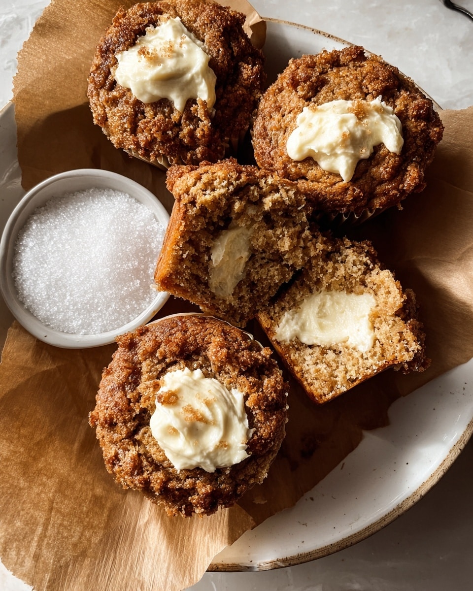 The image shows four muffins on a white plate lined with brown parchment paper over a white marbled surface. Three muffins are whole with a golden-brown, crumbly top and a dollop of creamy white frosting in the center, slightly browned on top. One muffin is broken in half, showing a moist, soft interior with a thick layer of smooth, creamy white filling inside both halves. A small bowl filled with white granulated sugar is placed next to the muffins on the same plate. The warm light highlights the textures and colors, making the muffins look fresh and inviting. photo taken with an iphone --ar 4:5 --v 7