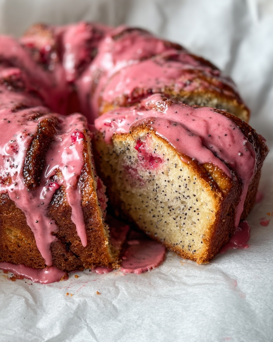 A close-up of a round sweet bread with a golden-brown crust and visible poppy seeds spread throughout the dough. The bread is sliced, showing its soft, dense inside mixed with pink strawberry filling layers. On top, there is a thick pink glaze that drips down the sides, adding a shiny texture. The bread rests on white baking paper inside a round pan, all set on a white marbled surface. Photo taken with an iphone --ar 4:5 --v 7