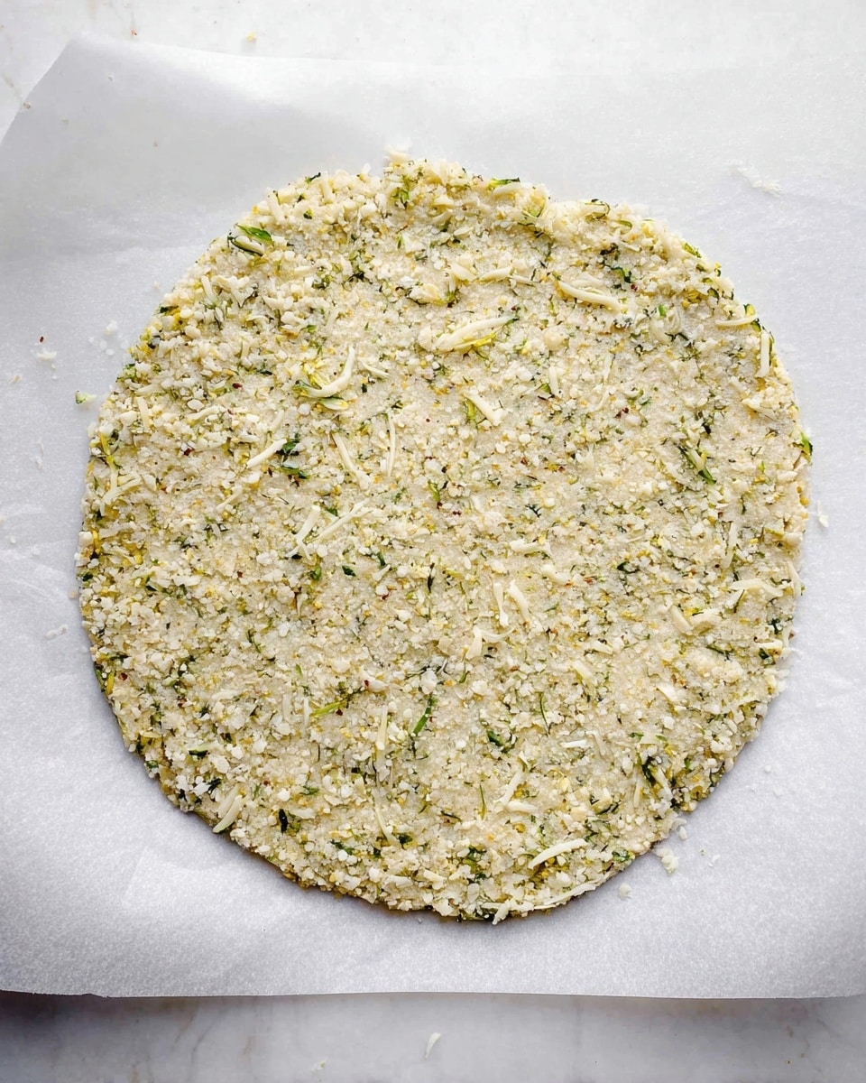 A single round flat layer with a rough texture, made of small white and green grain-like bits mixed with thin pale yellow strands, spread evenly on a sheet of white parchment paper placed on a white marbled surface. The layer looks dense but crumbly, with green flecks scattered throughout and a slightly uneven edge. photo taken with an iphone --ar 4:5 --v 7