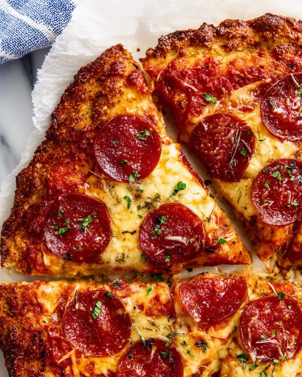 The image shows a close-up view of a pepperoni pizza with four visible slices on a white marbled surface. The crust is thick and crispy, with a golden-brown color and a rough texture. Each slice has a layer of melted cheese that looks slightly bubbly and golden, topped with round, shiny, dark red pepperoni slices evenly spread across the pizza. Small pieces of chopped green herbs are scattered on top for a fresh look. The pizza is placed on white parchment paper, and parts of a blue and white striped cloth can be seen in the corner. photo taken with an iphone --ar 4:5 --v 7