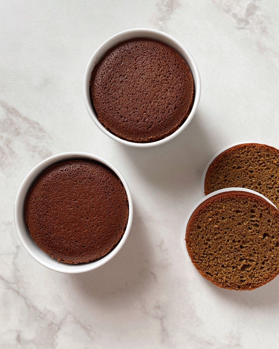 The image shows two small cakes, each in a white round baking mold, with a brown color and slightly rough texture. Next to the molds, there are two round cake pieces of the same brown color, lying flat on a white marbled surface. The cake looks soft with small air holes and an evenly baked surface that is slightly darker on the edges. Photo taken with an iphone --ar 4:5 --v 7