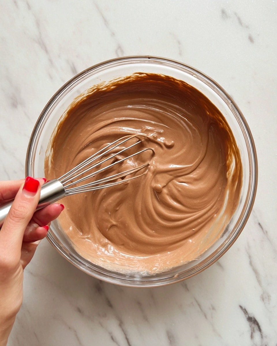 A clear glass bowl filled with smooth, light brown chocolate batter is shown from above. The batter has a creamy texture and a shiny surface with some swirled patterns. A woman's hand with red nail polish is holding a metal whisk, stirring the batter gently. The bowl is placed on a white marbled surface. photo taken with an iphone --ar 4:5 --v 7