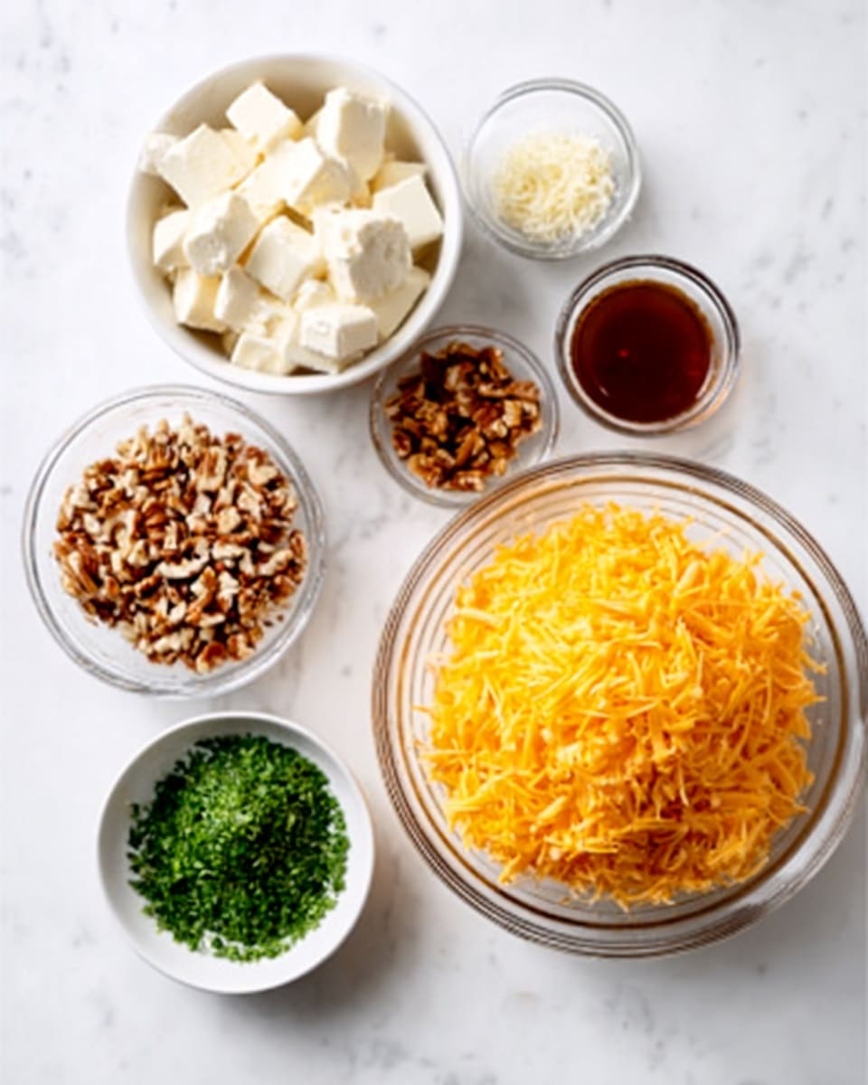 The image shows six clear glass and white bowls arranged on a white marbled surface. The largest clear glass bowl on the right is filled with bright orange shredded cheddar cheese, fluffy in texture. To the top left is a white bowl filled with small white cubes of cream cheese, smooth and soft looking. Below it is a small white bowl with finely chopped green herbs, dense and fresh. To the middle left is a white bowl with small pieces of chopped pecans, brown with rough texture. There are two small clear glass bowls above the cheddar cheese, one filled with a dark brown sauce and the other with a reddish sauce, both smooth and thick. A small pile of finely minced white garlic sits near the bowls. The scene is bright and clean, with all items neatly spread out. Photo taken with an iphone --ar 4:5 --v 7