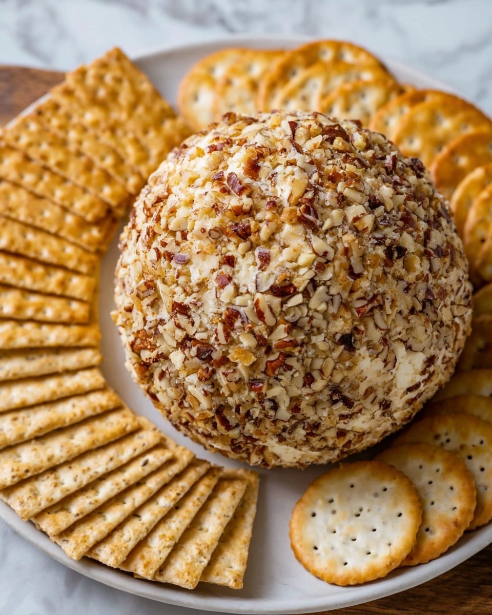 A round cheese ball covered completely with small pieces of chopped nuts in light brown and beige tones, resting on a white plate. To the left of the cheese ball, there is a fan-like arrangement of two different types of crackers: a row of square crackers with a slightly speckled texture, and a row of round crackers with small holes on the surface. The plate is placed on a surface with a white marbled texture. photo taken with an iphone --ar 4:5 --v 7