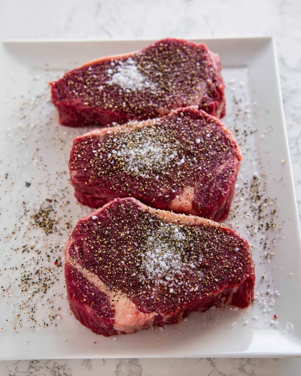Three raw steaks are placed on a white square plate, each steak thick and deep red with light marbling of fat along the edges. The top of the steaks is covered with coarse black pepper and large white salt crystals, creating a textured, speckled look. The plate sits on a white marbled surface, with some scattered black pepper and salt around the edges of the plate, adding detail and contrast. photo taken with an iphone --ar 4:5 --v 7