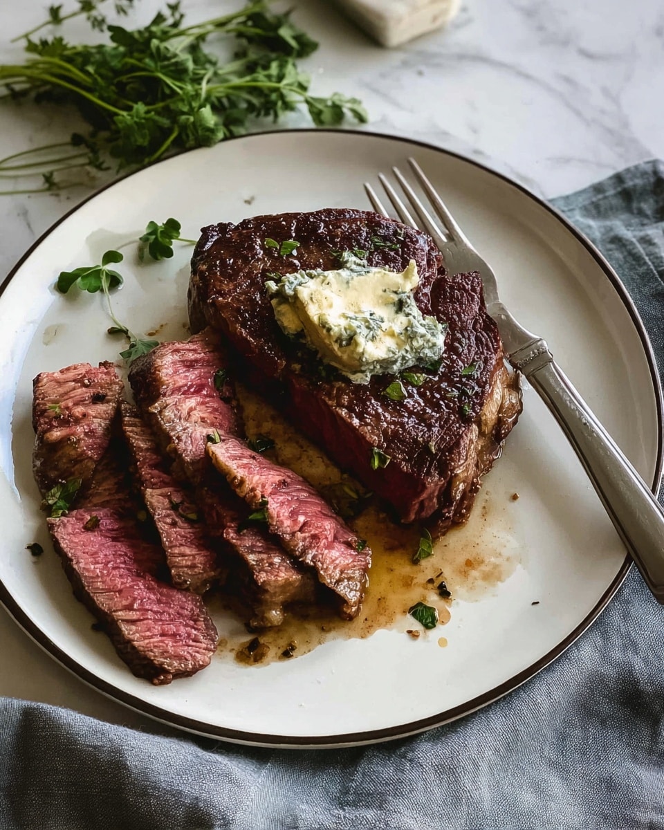 A thick steak is placed on a white plate with a thin dark rim. The steak is partly whole and partly sliced into about six pieces, showing a juicy pink center and a dark, browned crust on the outside. A small dollop of pale herb butter melts on top of the whole portion of steak. Some green herbs are scattered on and around the meat, with brown juices pooling on the plate. A silver fork rests beside the steak on the right side of the plate. In the background, a grey cloth and green herbs lie on a white marbled surface. Photo taken with an iphone --ar 4:5 --v 7