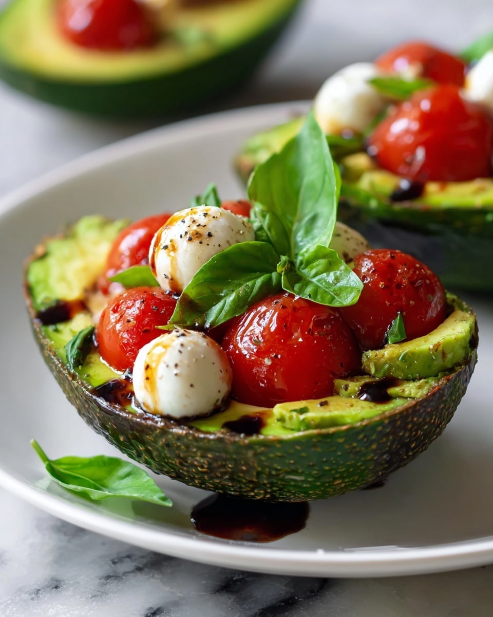 A vibrant avocado half filled with bright red cherry tomatoes and small white mozzarella balls, topped with a few fresh green basil leaves. The avocado flesh is smooth and light green, contrasting with the bumpy, darker green skin. A dark balsamic glaze is drizzled over the tomatoes and mozzarella, adding shine and depth. The filled avocado sits on a white plate against a white marbled surface, with another similar avocado half blurred in the background, enhancing focus on the front one. Photo taken with an iphone --ar 4:5 --v 7