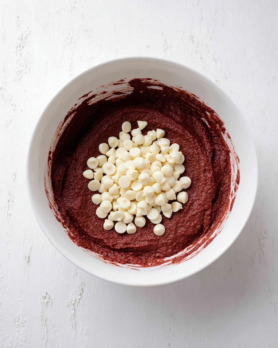 A white bowl filled with thick, dark red batter that is smooth and creamy, with a large pile of small, round white chocolate chips sitting on top in the middle. The bowl sits on a white marbled surface. The deep red color of the batter contrasts sharply with the bright white chips, making both stand out clearly. The inside sides of the bowl have streaks of the red batter, showing it has been stirred. photo taken with an iphone --ar 4:5 --v 7