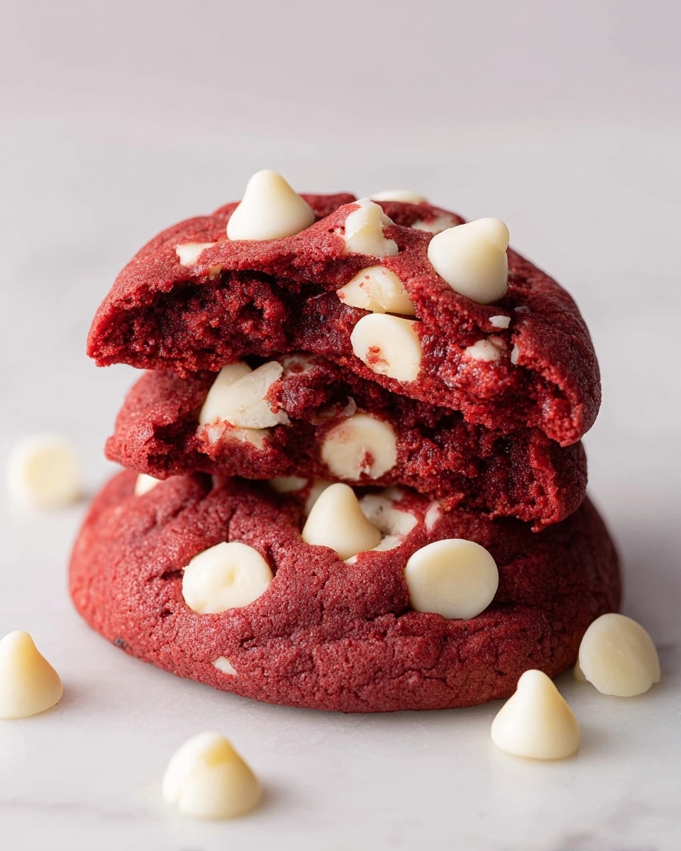 Two thick, soft red cookies stacked on top of each other on a white marbled surface. The top cookie is broken in half, revealing a dense red interior with many white chocolate chips inside. Both cookies have large white chocolate chips on top and around them, creating a nice contrast with the red cookie dough. The texture looks moist and slightly crumbly. Photo taken with an iphone --ar 4:5 --v 7