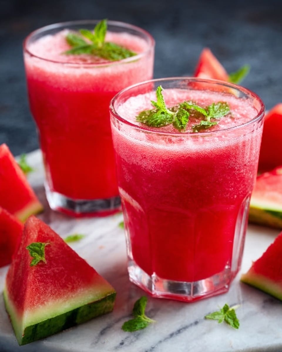 The image shows two clear glasses filled with a bright pink, frothy watermelon drink topped with small, light green mint leaves. The glasses have an eight-sided shape and sit on a white marbled surface. Around the glasses are several triangular slices of watermelon with red flesh and green rinds, some of which have small mint leaves on top. The background is slightly blurred and dark, making the pink drink and watermelon slices stand out clearly. The photo was taken with an iphone --ar 4:5 --v 7