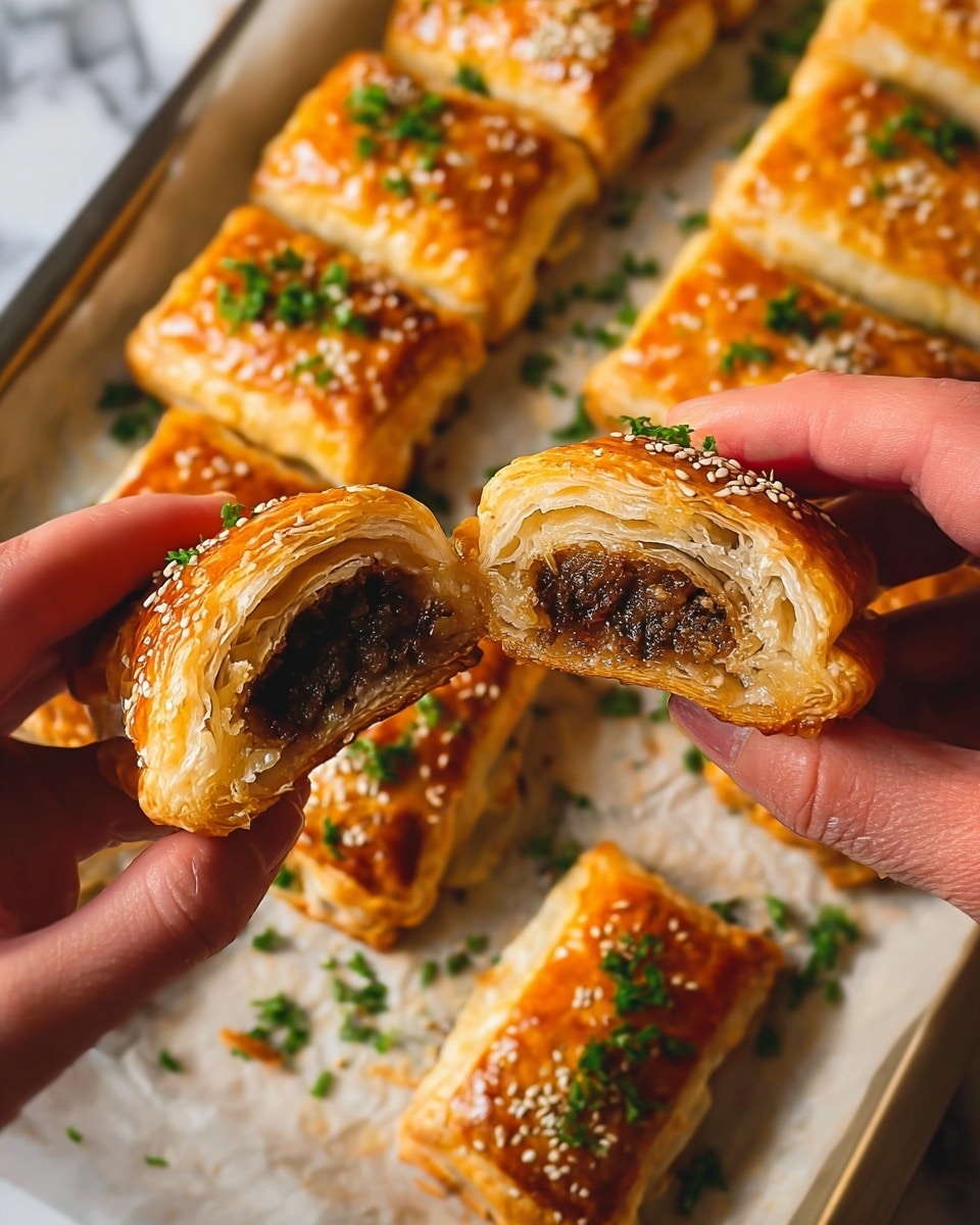 The image shows small golden-brown puff pastries filled with a dark brown filling, broken open to reveal soft, moist layers inside. The pastries have a shiny, flaky crust sprinkled with sesame seeds and chopped green herbs on top. They are arranged on a white baking tray lined with parchment paper, scattered with more green herb pieces. Two woman's hands hold one pastry piece each, showing the layered and textured filling and crust clearly. The background surface is a white marbled texture. photo taken with an iphone --ar 4:5 --v 7