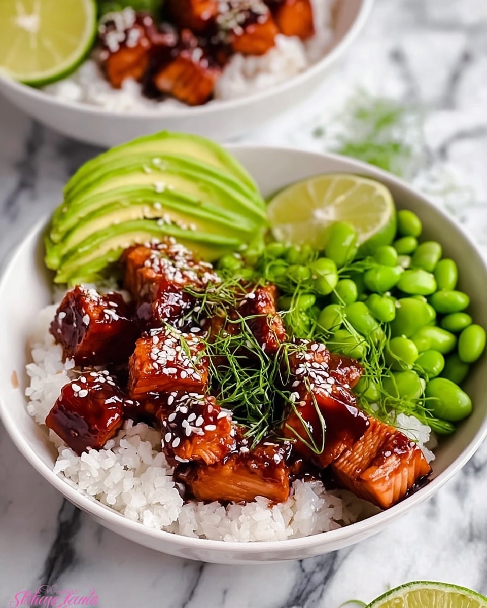 A white bowl filled with a base layer of fluffy white rice, topped with cubed pieces of glazed salmon that are shiny and dark brown, sprinkled with white sesame seeds. On one side, bright green edamame beans sit next to a half slice of green lime. Thin slices of avocado with a smooth texture fan out on the other side. Finally, thin green herbs are scattered over the salmon. The bowl is placed on a white marbled surface, and there is a blurred second bowl in the background with a similar dish. photo taken with an iphone --ar 4:5 --v 7