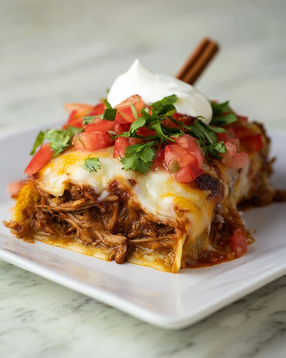 The dish is a layered enchilada on a white square plate placed on a white marbled surface. The bottom layer is a soft corn tortilla, followed by a thick middle layer of shredded meat mixed with a creamy sauce in warm brown tones. The top layer is smooth melted cheese, light golden and slightly bubbly. On top, there are bright red chopped tomatoes and fresh green cilantro leaves scattered, adding freshness. A generous white dollop of sour cream sits at the back of the enchilada, and a small cinnamon stick-like decoration leans against it. The close-up shot captures all textures clearly, making the dish look rich and appetizing. Photo taken with an iphone --ar 4:5 --v 7