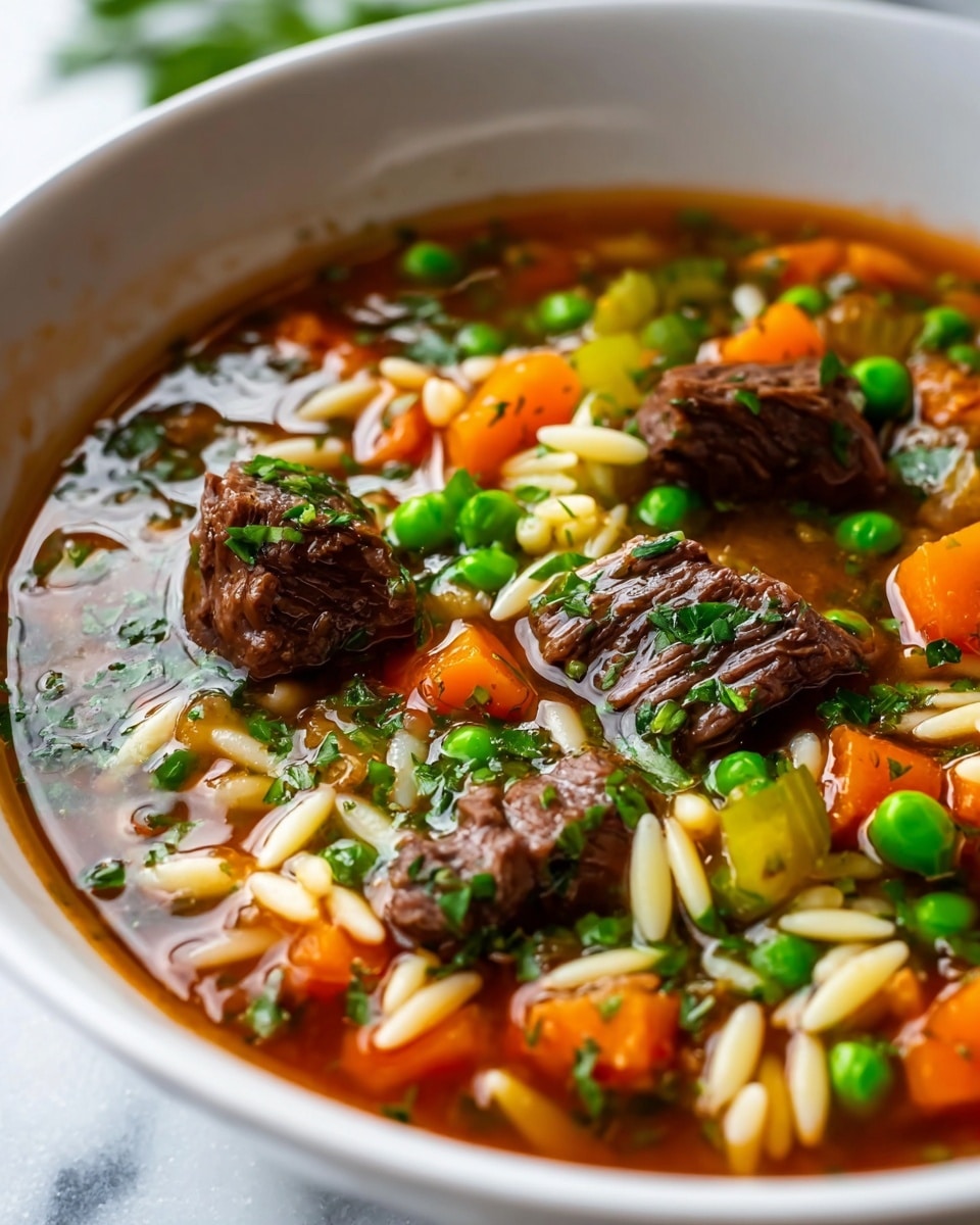 A close-up view of a bowl of beef vegetable soup in a white bowl on a white marbled surface. The soup has three main layers: the clear brown broth base with small herbs floating, the middle layer of bright orange carrot cubes, green peas, and light green celery pieces, and the top layer with several chunks of tender dark brown beef sprinkled with fresh finely chopped green parsley. There are also small pale yellow orzo pasta pieces scattered throughout the soup, adding texture and color contrast. The image has a warm, inviting feel with a focus on the fresh ingredients photo taken with an iphone --ar 4:5 --v 7