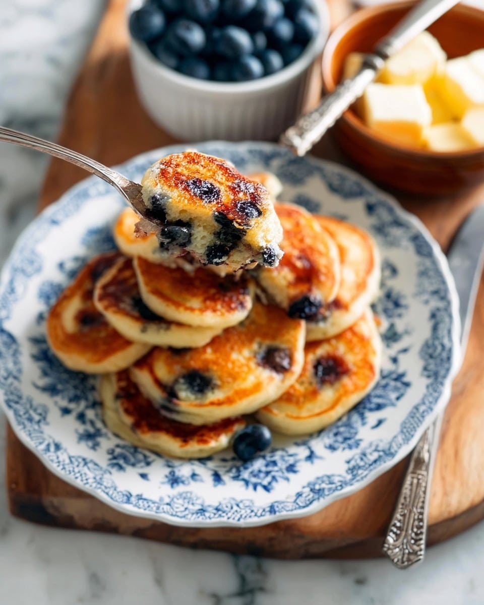 A stack of small, round blueberry pancakes with a golden brown, slightly crispy surface sits on a white plate decorated with a blue floral pattern. The pancakes are thick and fluffy, with visible blueberries peeking through the browned tops. A silver fork lifts one pancake in the foreground, showing its soft texture and embedded blueberries. In the background, there is a small white bowl of butter cubes with a butter knife resting on it, and a brown bowl filled with fresh blueberries. The whole scene is set on a white marbled surface with a wooden cutting board partially visible beneath the plate. photo taken with an iphone --ar 4:5 --v 7