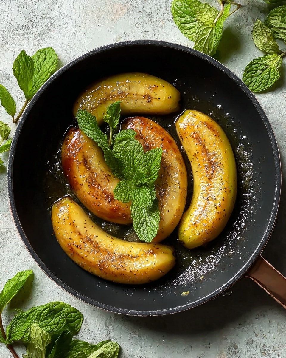 A black round pan contains four whole cooked plantains arranged in a circular pattern, each with a slight golden-brown color and specks of seasoning on their shiny skin. On top of the plantains, there is a small bunch of fresh green mint leaves, adding bright contrast. The pan is placed on a white marbled textured surface with a few scattered green leaves nearby, enhancing the fresh and rustic look. photo taken with an iphone --ar 4:5 --v 7