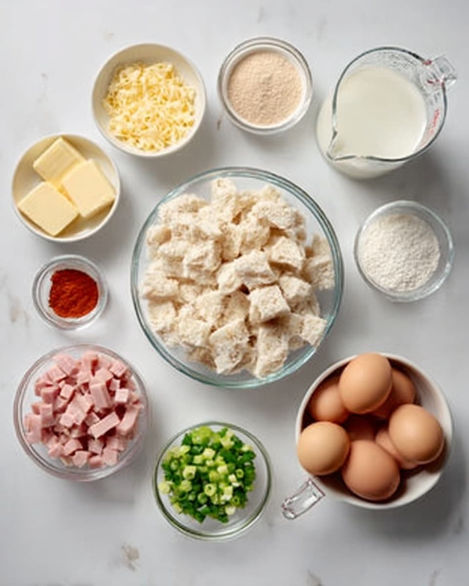 The image shows a top view of various ingredients placed in clear and white bowls on a white marbled surface. In the center, there is a large clear bowl filled with torn white bread pieces. Around it, starting from the top left, there is a small clear bowl with yellow butter, a small white bowl with beige powder, a small clear bowl with white granules, another small white bowl with a light brown powder, and a small clear bowl with bright red powder. On the right side, a white measuring cup contains a white liquid, and next to it is a clear measuring jug with a similar white liquid. Below the large bread bowl, there is a small clear bowl filled with diced pink ham, a small clear bowl with chopped green onions, and a white bowl filled with six brown eggs. The colors and textures contrast well against the clean white marbled surface photo taken with an iphone --ar 4:5 --v 7