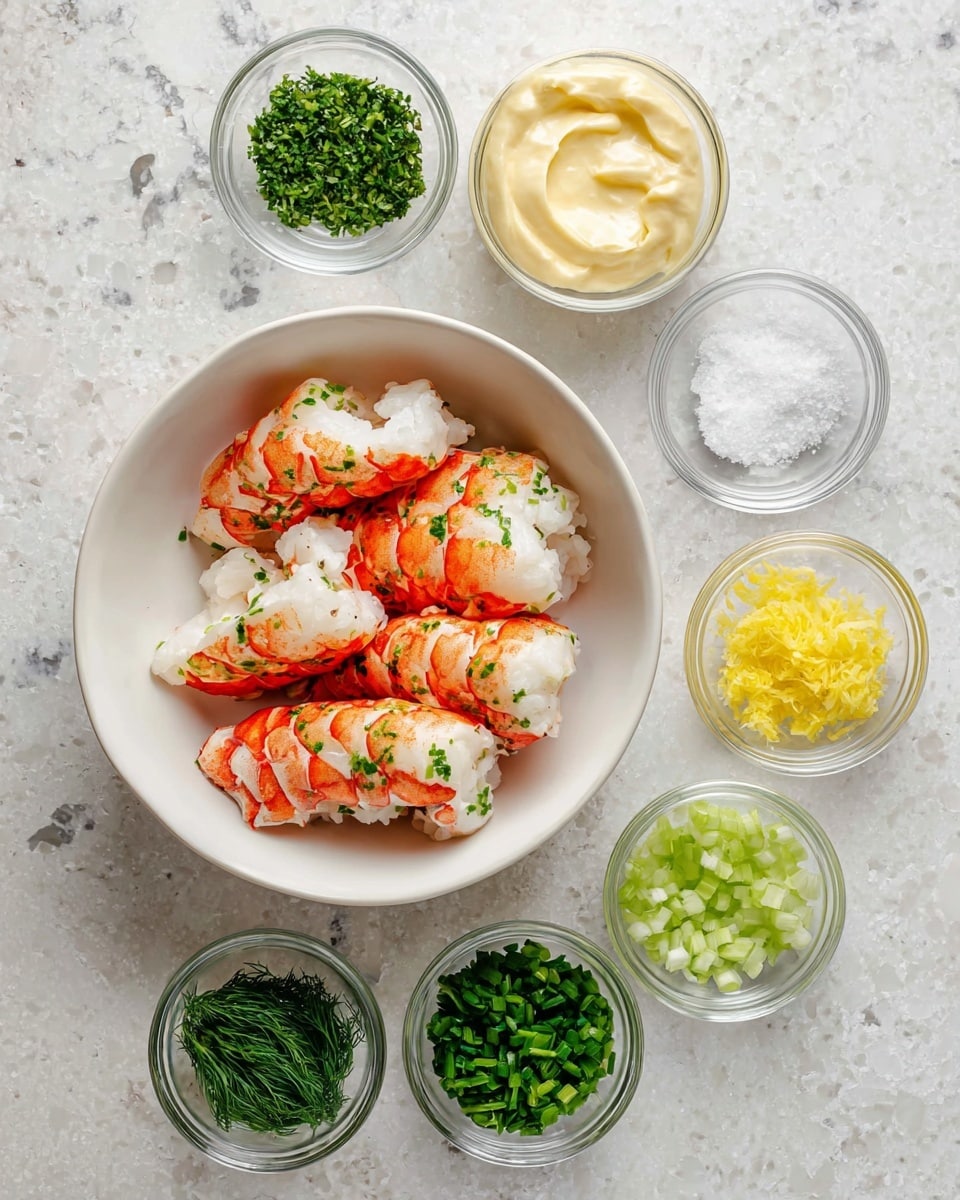 The image shows a white bowl in the center filled with six pieces of cooked lobster tails, which are white with bright orange-red spots and some green herbs sprinkled on top. Surrounding the bowl are eight small clear or white bowls arranged neatly on a white marbled textured surface. Moving clockwise from the top, the first bowl contains light green chopped herbs, the second holds fine white salt, below it is a pile of fresh dark green dill, then a bowl with bright yellow lemon zest, followed by a small bowl of minced white onion, a bowl of finely chopped bright green celery, a bowl with melted butter mixed with herbs, and lastly, a bowl of thick pale yellow mayonnaise or sauce. The photo taken with an iphone --ar 4:5 --v 7