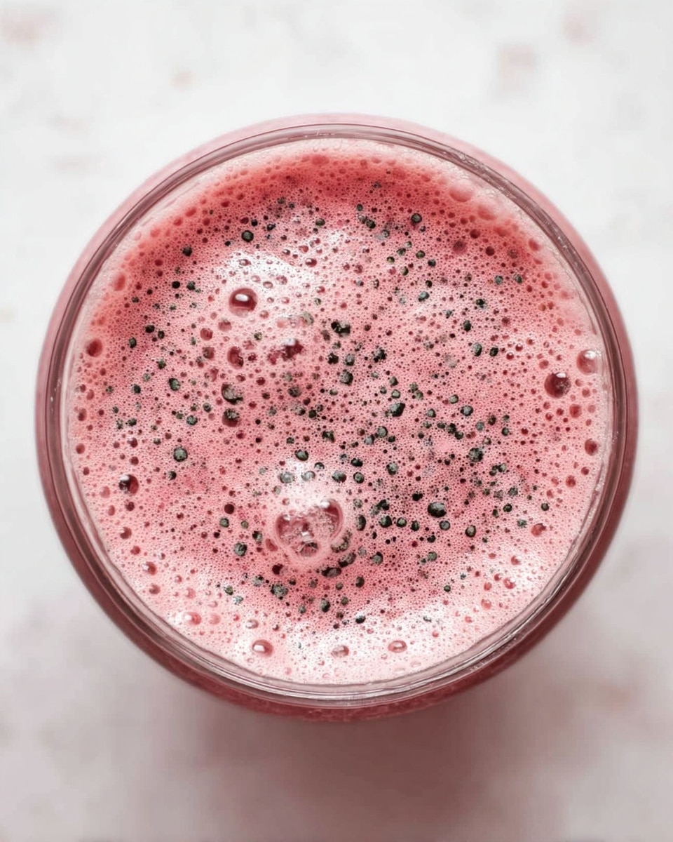 The image shows a top view of a glass filled almost to the brim with a pink, foamy liquid that has many small bubbles on its surface. Scattered on top are small black and white specks, creating a textured look on the foam. The glass is set against a white marbled background, which contrasts softly with the pink drink inside. photo taken with an iphone --ar 4:5 --v 7