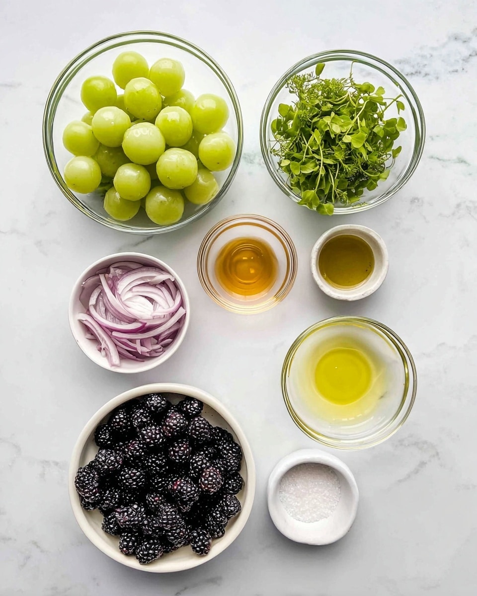 The image shows six small white bowls and glass bowls on a white marbled surface, each holding a different ingredient. From the top left, there is a glass bowl filled with round light green melon balls. To its right, a glass bowl contains fresh green leafy herbs. Between these two bowls is a small white bowl with a golden liquid, likely honey or syrup. Below the melon balls is a glass bowl filled with dark blackberries, shiny and plump. Below the herbs is a larger white bowl holding thinly sliced light purple shallots. Under the shallots, a small glass bowl contains a clear, pale yellow liquid, possibly lemon juice. Next to it on the right is a small white bowl filled with olive oil, golden-yellow in color. Finally, in the bottom right corner, a small glass bowl is filled with white coarse salt. All items are neat and well arranged. Photo taken with an iphone --ar 4:5 --v 7