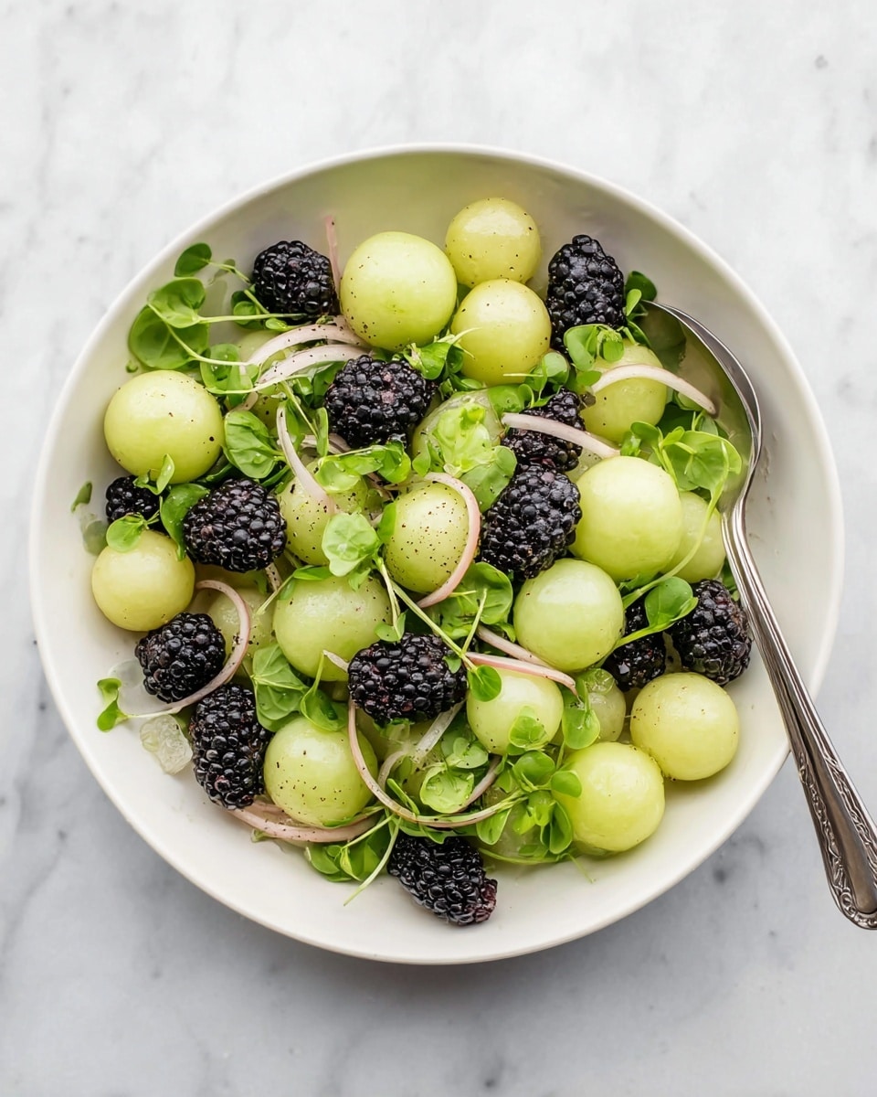 The image shows a white bowl filled with a fresh salad on a white marbled surface. The salad has three main parts: light green melon balls that are smooth and round, dark purple-black blackberries with a bumpy texture, and light pink thin rings of shallots. There are also bright green leafy watercress spread evenly through the salad, adding a fresh and natural feel. A silver spoon sits on the right side inside the bowl, partially submerged in the salad. The colors are bright and the textures look fresh and crisp. photo taken with an iphone --ar 4:5 --v 7
