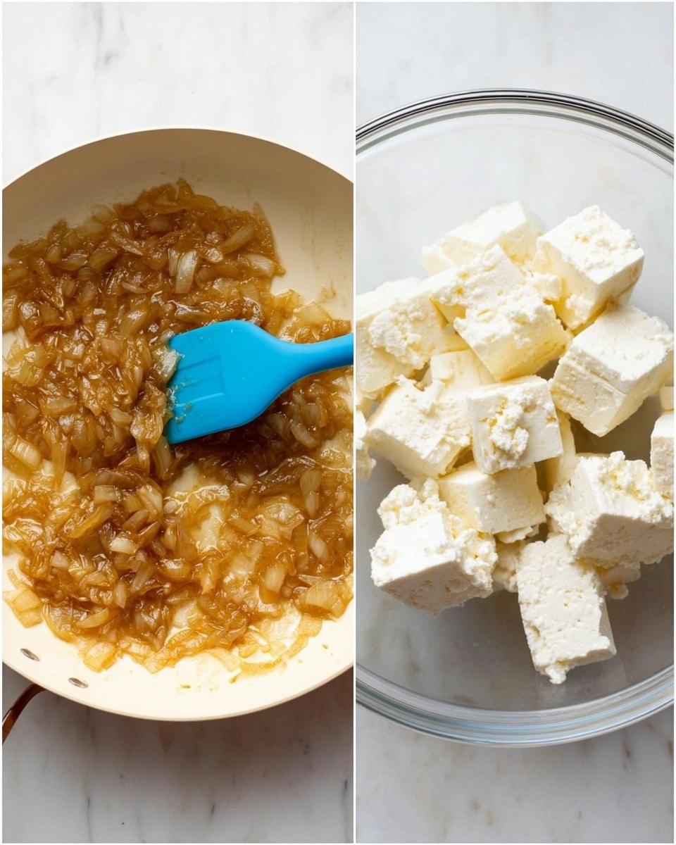 The left side shows a white pan with caramel-colored cooked onions being stirred with a blue spatula, the onions are soft and glossy in texture, spread evenly across the pan’s bottom. On the right side, there is a clear glass bowl with several white chunks of cream cheese, which have a smooth but slightly crumbly texture, positioned randomly inside the bowl. Both images have a white marbled surface background. photo taken with an iphone --ar 4:5 --v 7