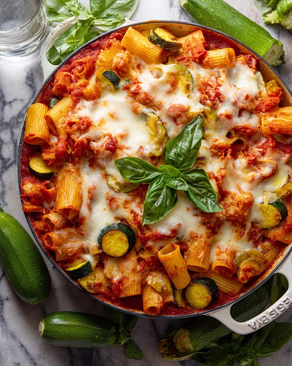A white Staub pan filled with two layers: the bottom layer has large rigatoni pasta mixed with sliced zucchini and yellow squash in bright red tomato sauce, the pasta pieces are soft and chunky with tomato sauce spread unevenly. On top, there is a melted layer of cheese with spots of light golden brown, slightly bubbling, and fresh green basil leaves placed in the center as garnish. The pan is placed on a white marbled surface with fresh basil leaves around it, and a clear glass of water next to the pan. photo taken with an iphone --ar 4:5 --v 7