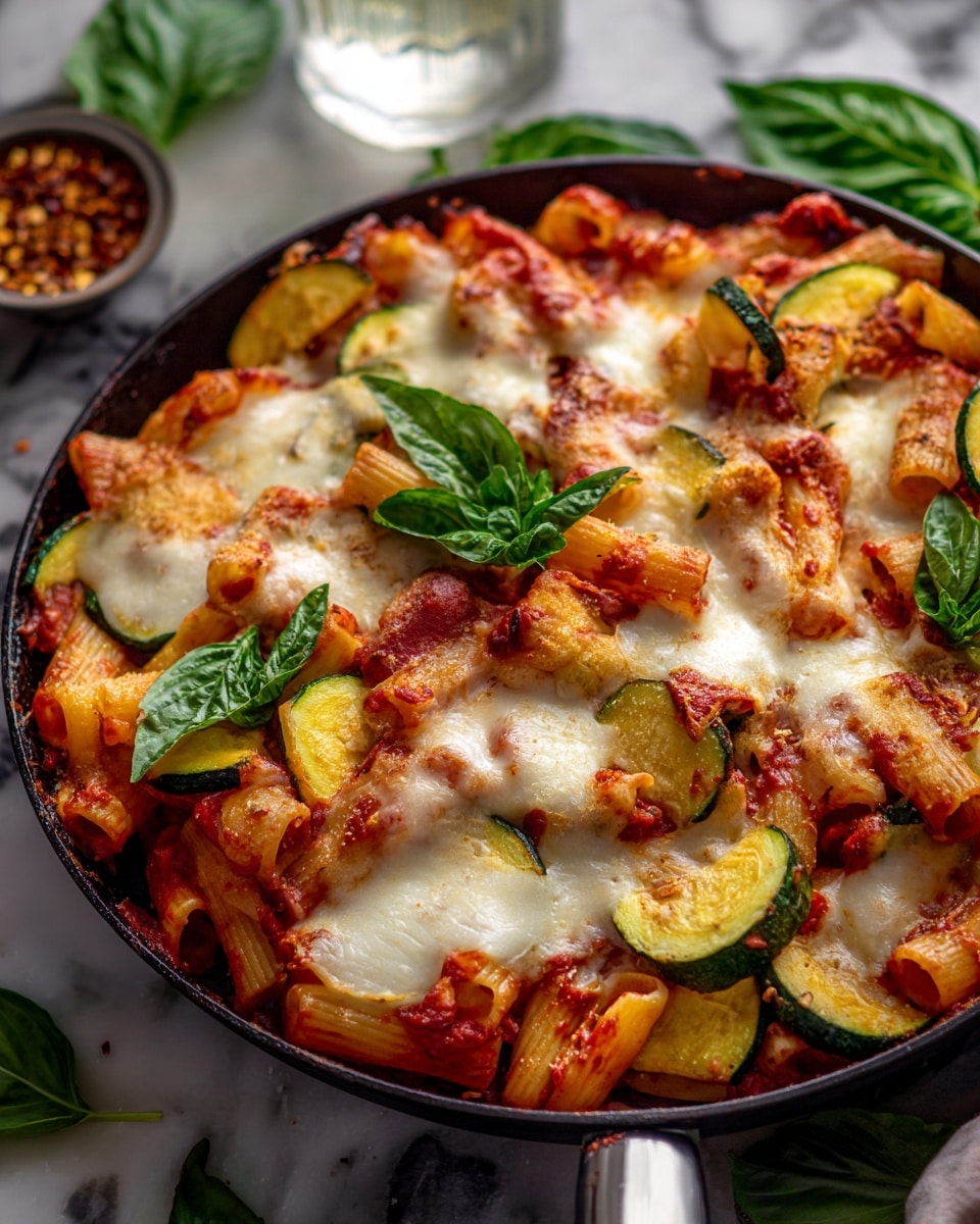 A pan filled with baked rigatoni pasta mixed with tomato sauce and chunks of zucchini and yellow squash, all topped with melted mozzarella cheese that forms bubbly, slightly browned patches. The rigatoni is scattered throughout the pan in short tube shapes covered unevenly by bright red tomato sauce. Fresh green basil leaves are placed on top, adding a pop of green color and freshness. The pan has a bit of sauce and melted cheese spread closely to the edges. The background shows a white marbled texture with some fresh basil placed near the pan. Photo taken with an iphone --ar 4:5 --v 7