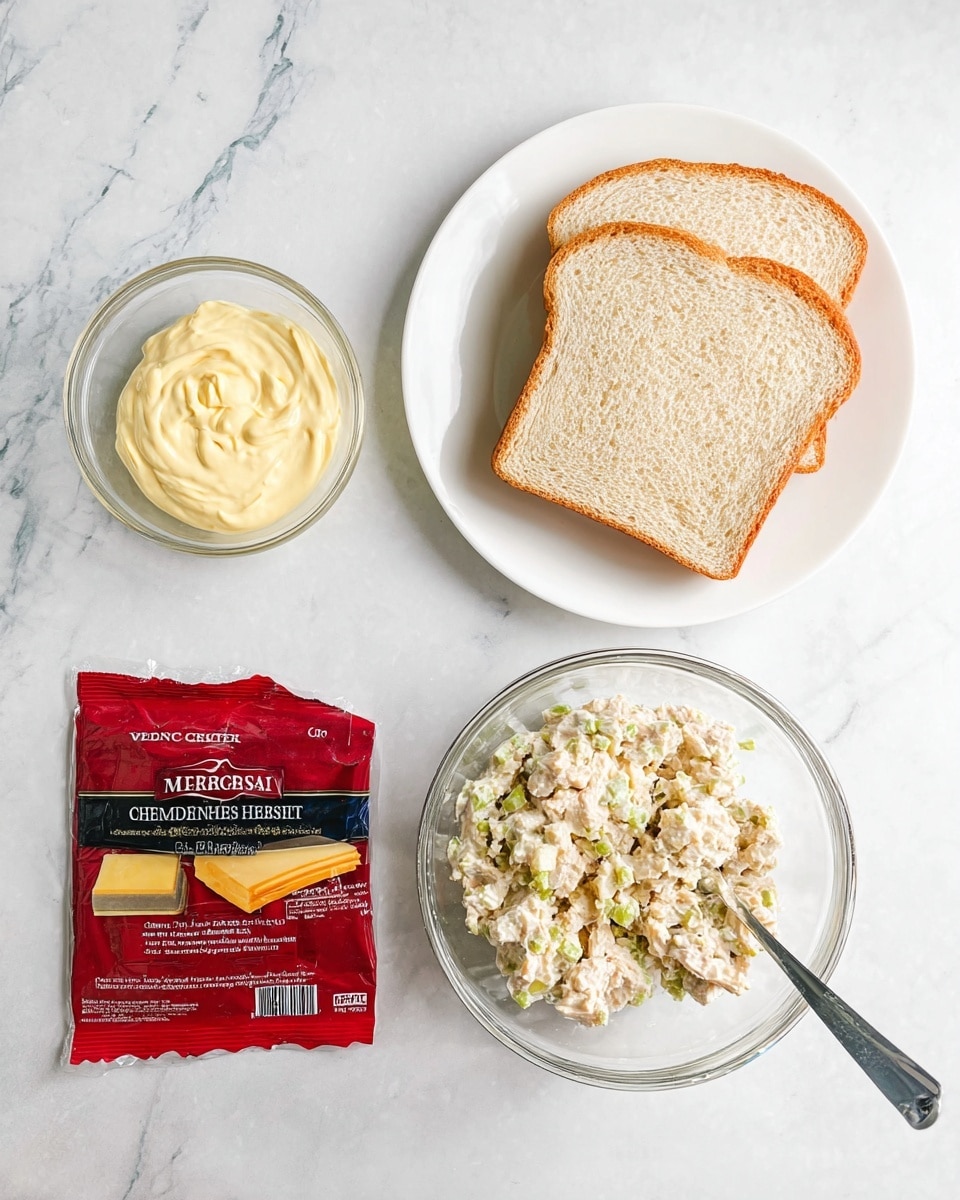The image shows ingredients on a white marbled surface for making a sandwich. There is a white plate with three stacked light brown slices of bread at the top right. To the left, there is a small clear glass bowl filled with pale yellow mayonnaise. Below the mayonnaise, a red and black package of medium cheddar cheese slices is placed flat. On the bottom right, a clear glass bowl holds a creamy mixture of tuna and chopped green pickles, with a metal spoon resting inside. All items are arranged neatly with soft natural light. Photo taken with an iphone --ar 4:5 --v 7