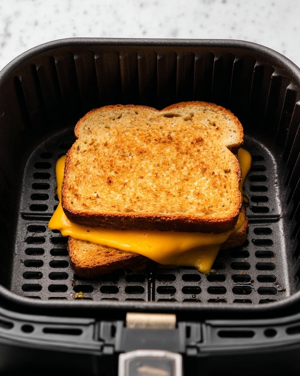 A sandwich with two slices of golden brown toasted bread on top and bottom shows melted bright orange cheese peeking out from the middle layer. The sandwich is placed inside a black air fryer basket with a grid pattern and ridged sides. The toasted bread has a slightly rough texture with small holes visible, and the cheese layer looks smooth and creamy, slightly melted and oozing from the edges. The background surface is a white marbled texture. photo taken with an iphone --ar 4:5 --v 7