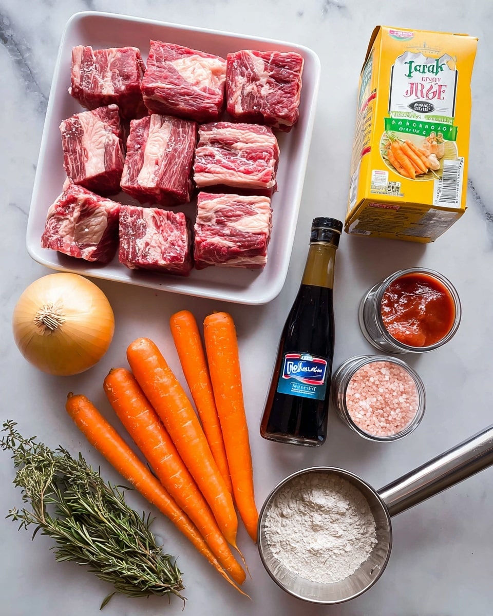 The image shows several raw ingredients on a white marbled surface arranged in an organized way. At the top left, there is a white tray holding seven thick cubes of raw beef with red color and white fat marbling. To the right of the beef, there is a carton of yellow beef broth with green and white labels. Below the beef, three bright orange carrots lie side by side, with green herbs including rosemary placed to their left. Next to the carrots, an onion with light golden skin sits near a small dark bottle of soy sauce with a blue label to the top right. Above the onion and bottle, a small red can of tomato paste is placed. To the right of these ingredients, there are two clear grinders filled with pink salt and black pepper, and below them, a metal measuring cup filled with white flour. The whole scene is well-lit and clear, photo taken with an iphone --ar 4:5 --v 7