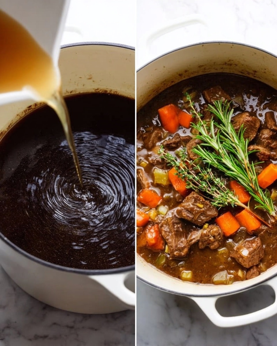The left side shows a white pot with dark liquid inside, and a light brown broth is pouring into it, making ripples on the surface. On the right side, the same white pot holds a rich stew with pieces of brown meat, small orange carrot cubes, and light yellow onion bits in a thick brown sauce. There are fresh green herbs like rosemary and thyme placed on top, adding a fresh look. The background is a white marbled surface. photo taken with an iphone --ar 4:5 --v 7