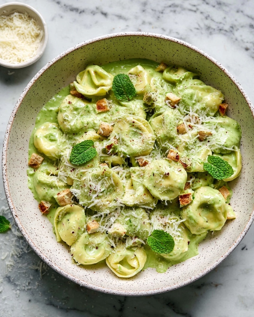 The image shows several white bowls and small plates arranged on a white marbled surface. The largest bowl on the right side holds a pile of uncooked yellow tortellini pasta, folded and tightly shaped. Above it, a white bowl is filled with chopped red onions, showing pinkish hues. Next to the onions is a small white cup with light yellow olive oil. Below the olive oil is a small white plate with sliced garlic cloves. In the center, a white bowl contains small cubes of pink ham. Below the ham is a black bowl filled with bright green peas. To the left are two small bowls: one wooden with mixed cracked black pepper and another round white plate with salt. At the top left is a wooden bowl holding fresh, green mint leaves. Near the center, a tiny white pitcher contains cream or a white sauce. Photo taken with an iphone --ar 4:5 --v 7
