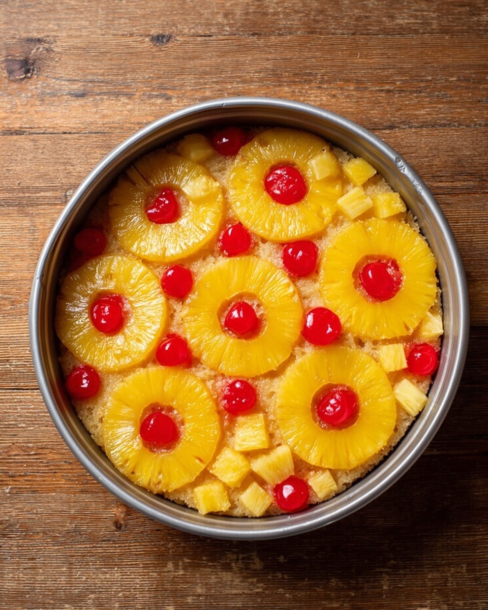 A round metal baking pan filled with a layered pineapple upside-down cake. The bottom layer is a light-colored cake batter. On top are six large rings of bright yellow pineapple, evenly spaced. Each pineapple ring has a shiny red cherry in its center. Smaller pineapple chunks form a ring along the edge of the pan, with more red cherries placed between them and around the pineapple rings, creating a colorful pattern. The pan sits on a wooden surface. photo taken with an iphone --ar 4:5 --v 7