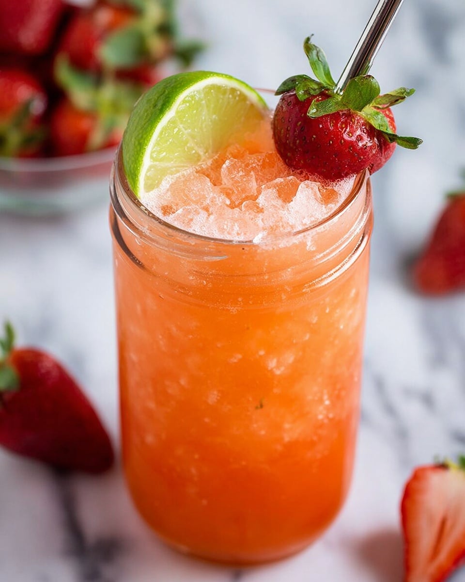 The image shows a clear glass jar filled with a bright orange drink with ice cubes floating inside. On the jar’s rim, there is a green lime slice and a red strawberry with its green leaves attached. The jar has a silver metal straw on the left side. Near the jar on the white marbled surface, there is a fresh strawberry with a green top. In the background, there are two more jars with the same orange drink and a couple of strawberries scattered around. The scene is bright and fresh, focusing on the drink and fruits. photo taken with an iphone --ar 4:5 --v 7