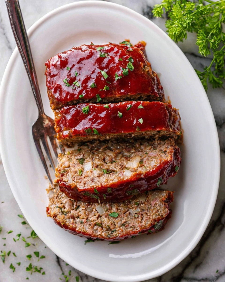 A white oval plate holds a meatloaf sliced into three thick layers. The top layer is covered with a shiny, dark red glaze sprinkled with small green herb pieces. The middle and bottom layers show a mix of ground meat with visible bits of onion and herbs, in a light brown color. The sauce slightly drips down the sides of the slices, and a silver fork rests on the left side of the plate. The plate sits on a white marbled surface with scattered green herbs around. Photo taken with an iphone --ar 4:5 --v 7