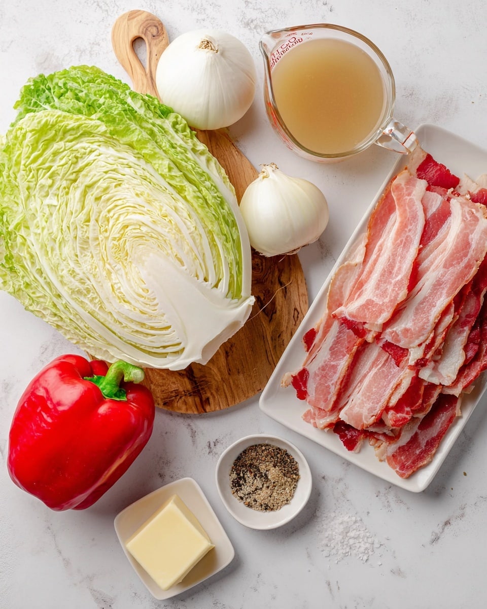 The image shows fresh ingredients arranged on a white marbled surface. A wooden cutting board holds a whole napa cabbage with leafy green and white layers, a round white onion, a bulb of garlic, and a shiny red bell pepper with a green stem. To the right, a clear measuring cup filled with light brown broth sits beside a white rectangular plate piled with layers of uncooked bacon in pink and reddish tones. Below the cutting board are two small white dishes, one with a square piece of pale yellow butter and the other with a small pile of ground black pepper and salt. Photo taken with an iphone --ar 4:5 --v 7