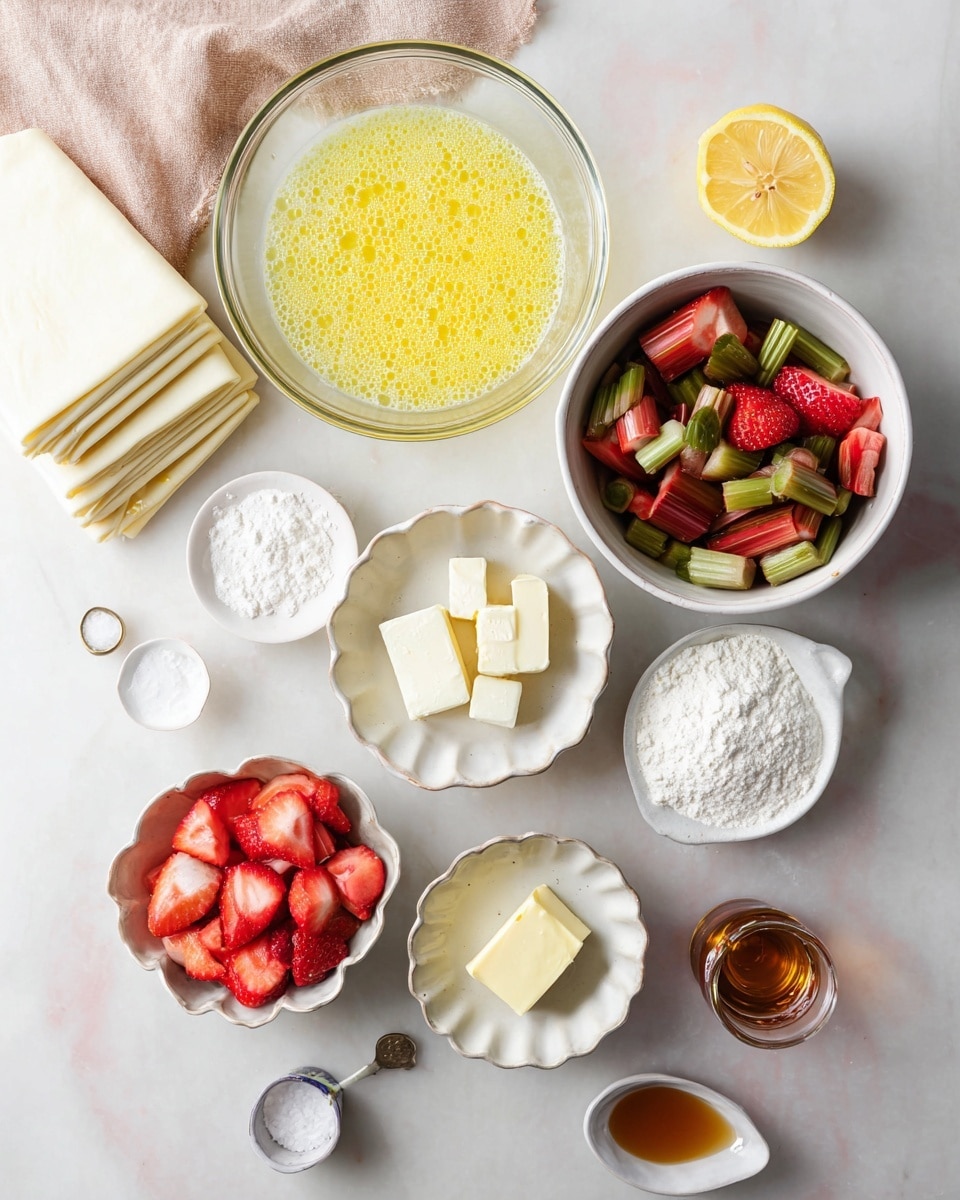 A flat lay of various cooking ingredients arranged neatly on a white marbled surface, featuring a stack of white puff pastry sheets on a beige textured cloth in the top left. At the center top, a clear glass bowl holds a yellow beaten egg mixture with bubbles on the surface. To the right, white mixing bowl contains chopped rhubarb pieces with green interiors and red skins. Below that, a small round bowl contains sliced strawberries with bright red and pink colors. Around these larger bowls, there are small white scalloped dishes holding white flour, a small block of pale yellow butter, coarse salt, powdered sugar, and more small butter cubes. A halved lemon with bright yellow flesh is placed near the center, and a small amber bottle, likely vanilla extract, is near the bottom right. All elements are well spaced and clearly visible, with soft natural lighting highlighting their colors and textures. photo taken with an iphone --ar 4:5 --v 7